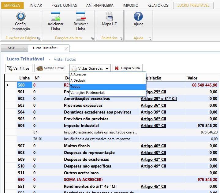 4.1.3. Lucro Tributável No Lucro Tributável é possível efetuar ajustes aos valores para refletir na declaração de Imposto.