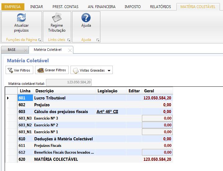 4.1.4. Matéria Coletável Antes de inserir os valores para a Matéria Coletável deverá definir os Regimes de Tributação.