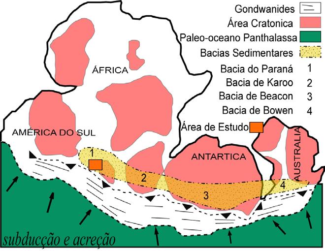 65 margem sul do Gondwana (Figura 34) (Milani, 2000). Estas orogêneses acrescionais ocasionaram sucessivos episódios de criação de espaço deposicional.