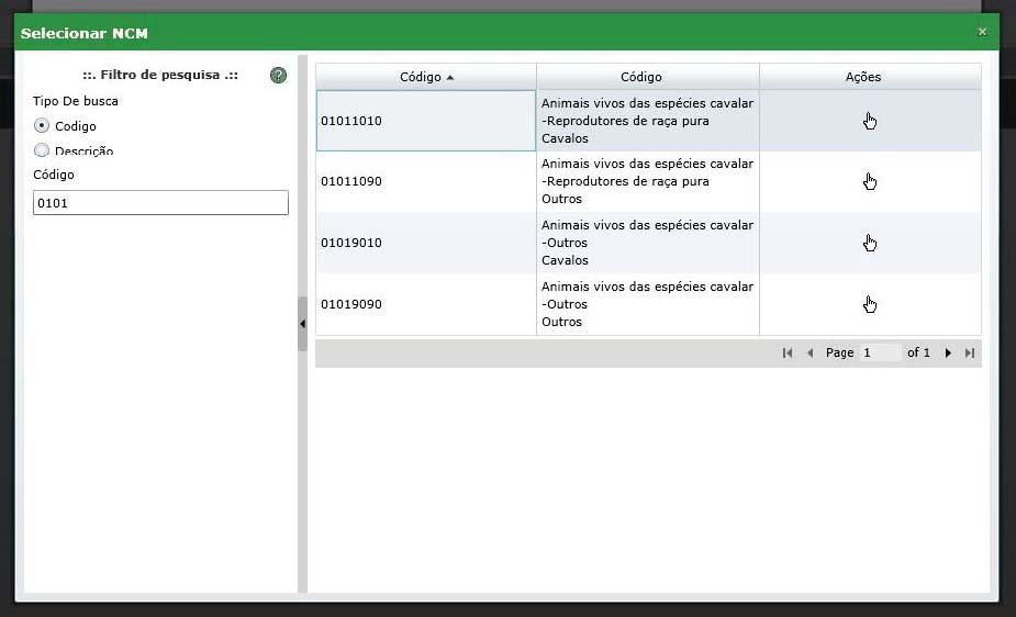 29.Tela de pesquisa e seleção da NCM. Localizada a NCM selecione o registro desejado clicando no ícone.