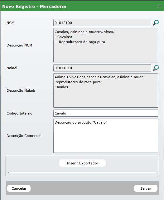 10.Tela de mercadoria já preenchida com o NCM e Naladi.