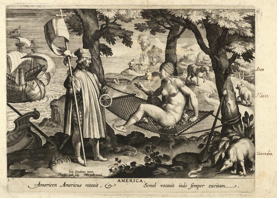 8/10 03 - Observe a imagem: América, 1580. Gravura de Theodor Galle, baseada em desenho de Jan van der Straet (1575).