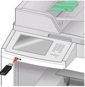 Impressão a partir de uma unidade flash Uma porta USB está localizada no painel de controle da impressora. Insira a unidade flash na impressora para imprimir os tipos de arquivo suportados.