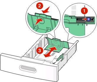 3 Desbloqueie a aba da guia de comprimento para dentro, aperte a aba da guia de comprimento para dentro, conforme mostrado, e deslize a guia para a posição correta, de acordo com o tamanho do papel