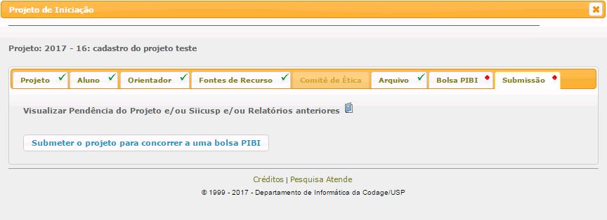 8. Aba Submissão Caso haja pendências em relação à entrega de relatórios ou apresentações no SIICUSP de vigências anteriores, a submissão do projeto não será permitida.