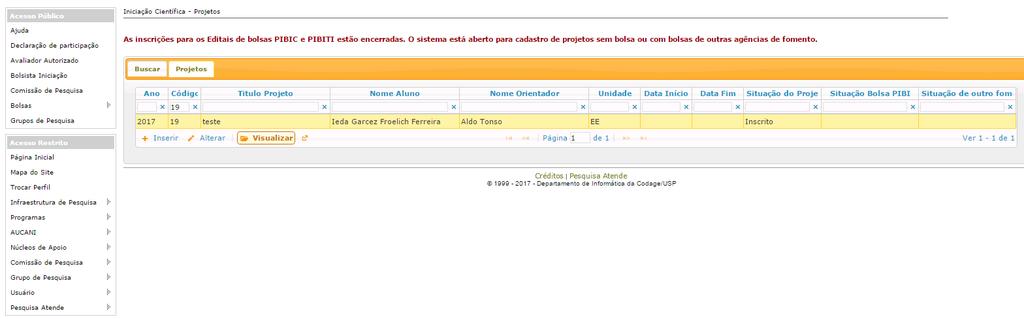 8. Visualizar Projeto A situação do projeto será Inscrito.