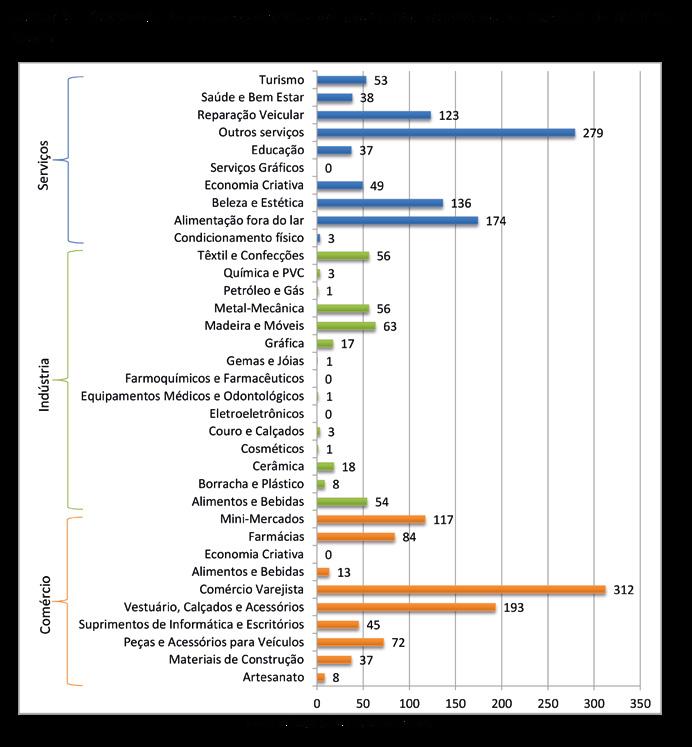 O CSE 2015 também revela que em Rolim de Moura os segmentos econômicos com maior densidade de pequenos negócios são: comércio varejista (15,2%), outros serviços (13,6%), vestuário,