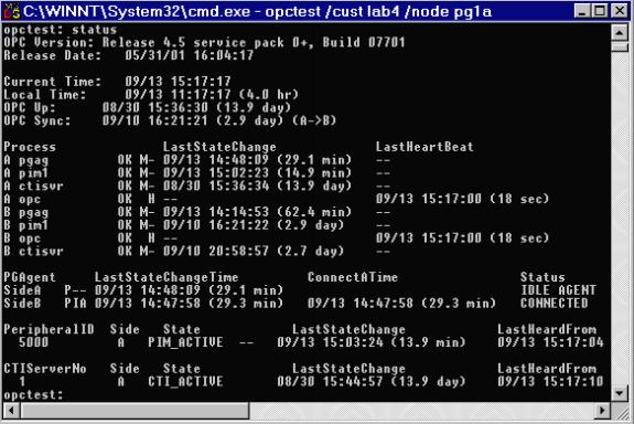 Neste exemplo, observe que o lado A de PeripheralID 5000 é ativo, que significa um PG ativo. Se sua tela não mostra o lado A como o Active, pare o opctest e execute-o no parceiro duplex PG.