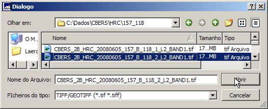 Importar a Imagem TIFF CBERS_2B_HRC_20080605_157_B_118_2_L2_BAND1 Arquivo