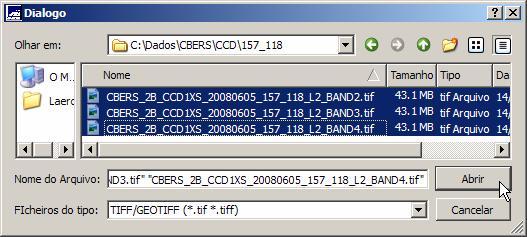 Importar as Imagens CBERS CCD Arquivo TIFF/GEOTIFF C:\Dados\CBERS\CCD\157_118