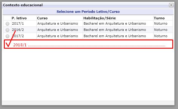 3º Passo: Marque o semestre letivo 2018/1.