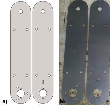 Figura 63 - Vista superior do projeto (a) e protótipo (b) das Chapas do Elo 1 A Junta Rotativa 2 é composta por um Eixo usinado (26) soldado