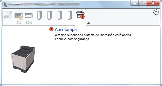 Imprimir a partir do PC > Status Monitor Separador de Alerta Se ocorrer um erro será apresentado um aviso com uma imagem 3D e uma mensagem.