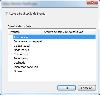 Imprimir a partir do PC > Status Monitor Definições de Notificação do Status Monitor São apresentadas as definições e os detalhes da lista de eventos do Status Monitor.