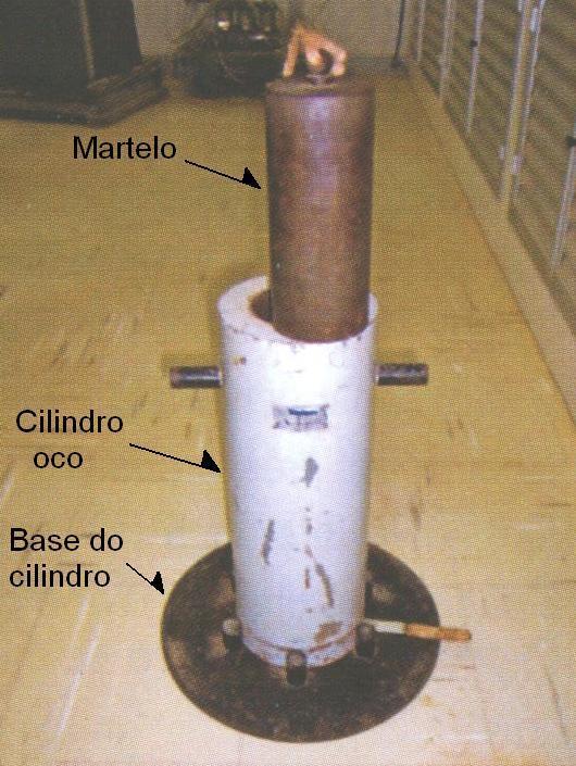 16 A Figura 1.7 mostra o cilindro oco, sobre a base de apoio do cilindro oco, e o martelo de 15 Kg utilizado no ensaio de impacto Treton. Figura 1.7 - Cilindro oco, sobre a base de apoio do cilindro oco, e o martelo de 15 Kg utilizado no ensaio de impacto Treton Figura 1.