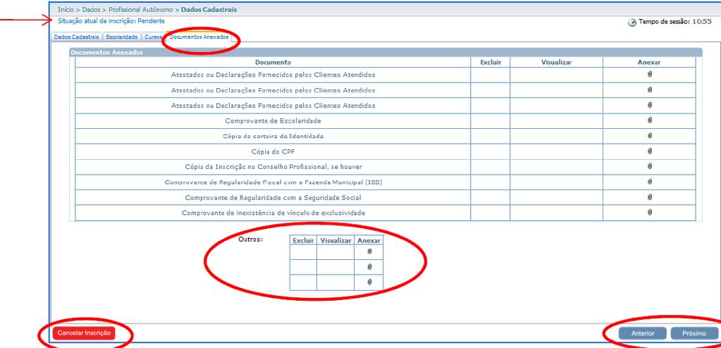 Parte 4 Documentos anexados Após salvar as informações sobre cursos, a aba Documentos Anexados é habilitada.