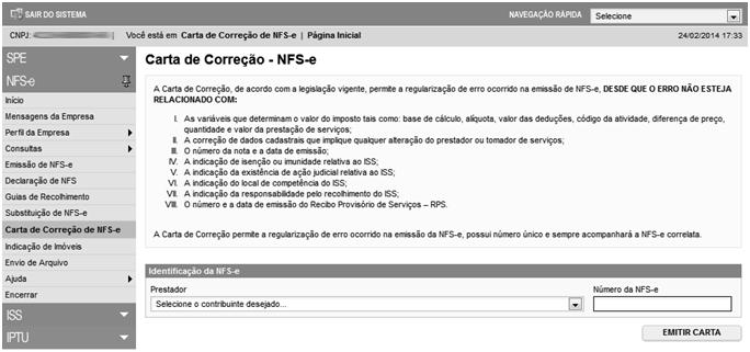 no menu Carta de Correção de NFS-e: Preencha o