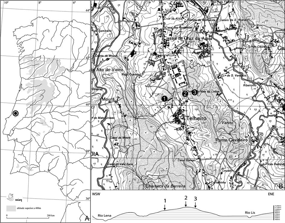 Fig. 1 Situação dos sítios de Cruz da Areia, Telheiro da Barreira e Cortes no Extremo Ocidente peninsular (A).