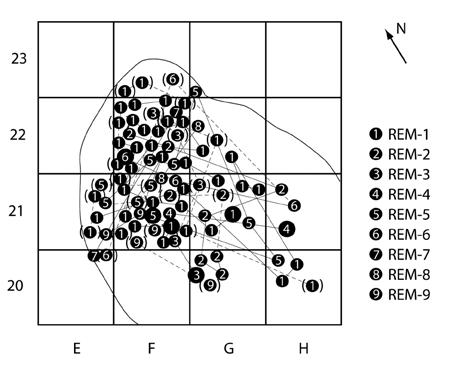 los quadrados E.20 e F.22 (NA3). TB [402] REM-8: Remontagem de duas lascas sequenciais, não tendo sido possível qualquer outra associação a este bloco. Elementos distribuídos pelos quadrados F.21 e G.