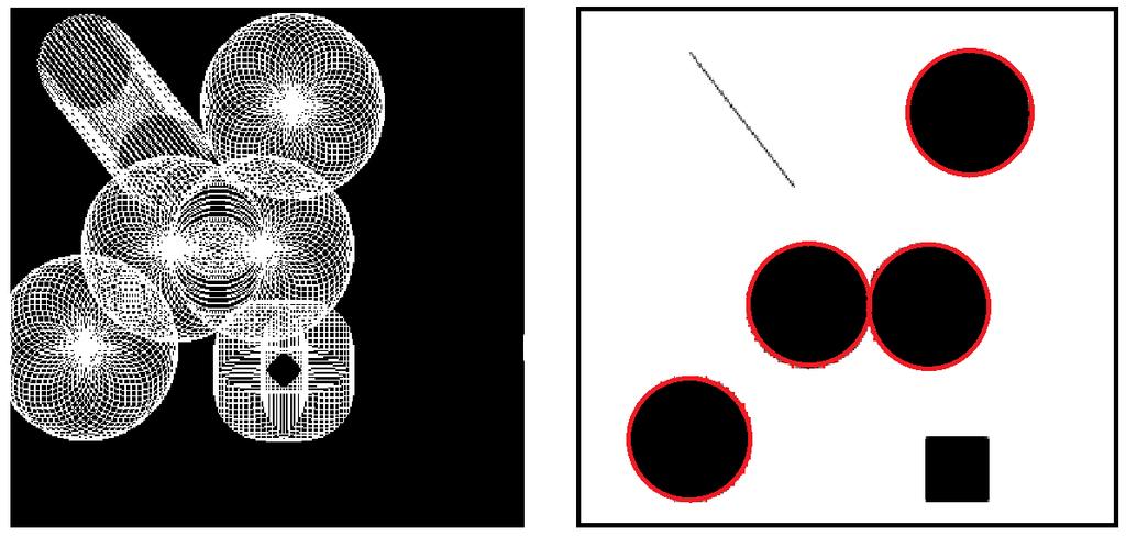 Figura 6: Identicação de círculos em imagem com várias estruturas diferentes. Figura 7: Identicação de círculos na imagem de corte do material.