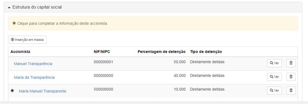 Quando seleciona o nome do titular da participação qualificada, abre-se um novo formulário para preenchimento de dados sobre o mesmo: correio