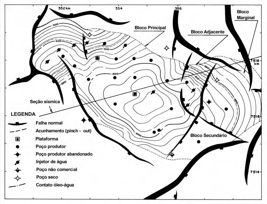 Estudo de Casos 5 Os limites norte e sul do reservatório estão formados por acunhamentos; pelo sudeste, noroeste e sudoeste esta limitado por falhas.