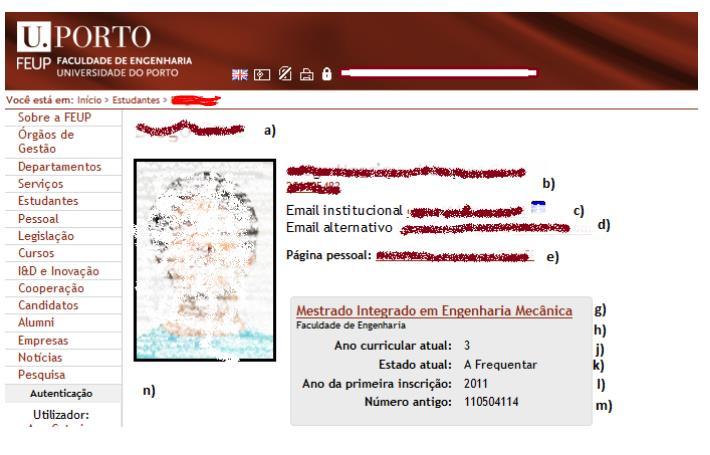 a)nome do aluno b)número de estudante c) e-mail institucional d)e-mail alternativo e)página pessoal g) curso h) faculdade j) ano