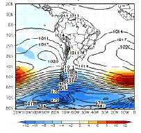 Na análise do campo mensal de altura geopotencial em 500 hpa verificou-se ao norte do paralelo 20 S uma ampla área com anomalias positivas de altura geopotencial de fraca intensidade.