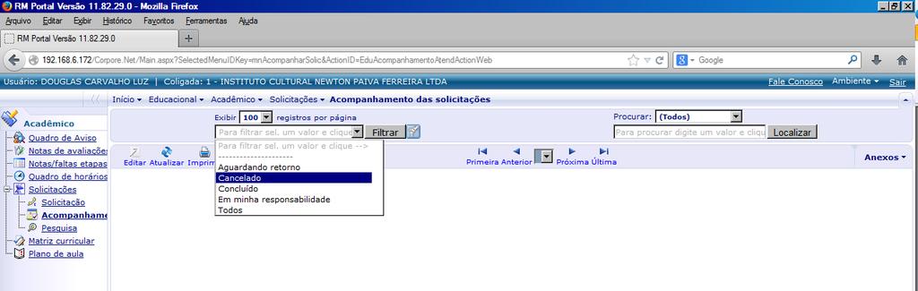 SOLICITAÇÃO DE PROTOCOLOS Para acompanhamento do resultado/resposta de sua solicitação de protocolo, selecione uma das opções, conforme mostrado abaixo, e clique em filtrar.