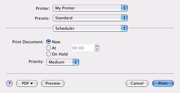 SCHEDULER Esta opção permite escolher entre imprimir o documento imediatamente ou diferir a impressão. Também pode atribuir uma prioridade a uma tarefa de impressão.