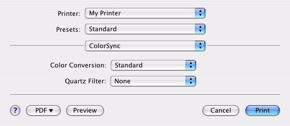 COLORSYNC Color conversion Para a definição Color Conversion, Standard é a única opção disponível para o modelo da sua impressora.