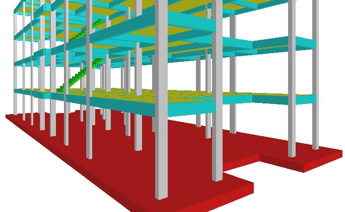 FIGURA 02 - Detalhamento tridimensional do radier Para se tornar uma laje de base rígida e segura realizou-se várias rotinas durante o lançamento do radier no programa de cálculo, inicialmente