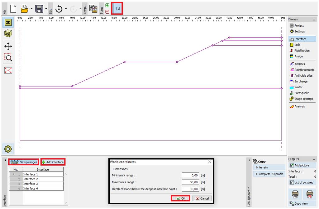 Na janela Interface, definimos as escalas e a modelados a forma do terreno e as interfaces entre as diferentes camadas geológicas, através