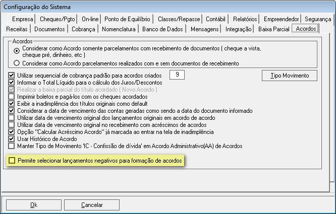 3- Quando essa configuração está desmarcada é apresentada uma mensagem na tela de geração de acordos