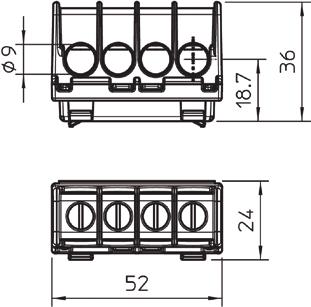 que podem ser ligadas em cada ponto de aperto: 4 x 16 ², 4 x 10 ², 8 x 6 ² ou 12 x 4 ².