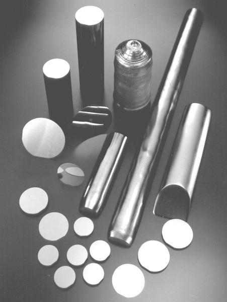 GaAs ingots and wafers. GaAs is used in high speed electronic devices, and optoelectronics.