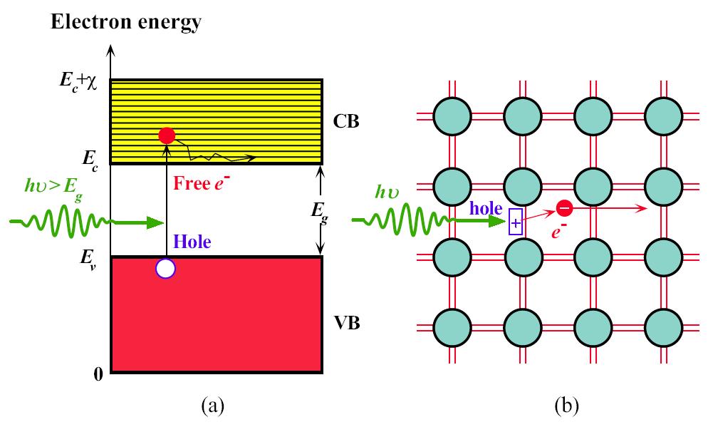 (a) A photon with an energy greater than E g can excite an electron from the VB to the CB.