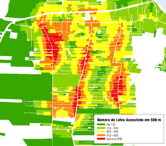 análise preliminar1 dos lotes que podem ser alcançados em 5 minutos a pé (equivalente a aproximadamente 500 m) mostra, por exemplo, um dos desafios das servidões no bairro de Ingleses, onde a