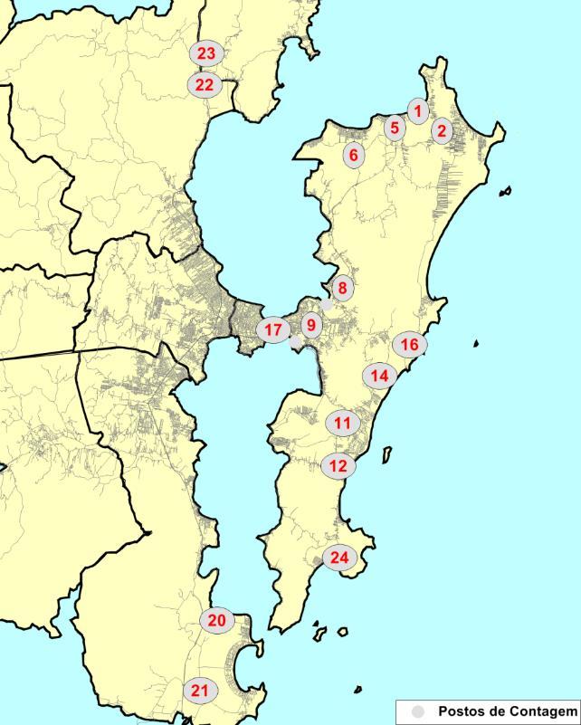 Figura 4-1- Localização dos Pontos de contagem A Tabela 4-2, a seguir, mostra o volume de veículos por categoria observado em cada em cada posto de contagem na pesquisa de veraneio.