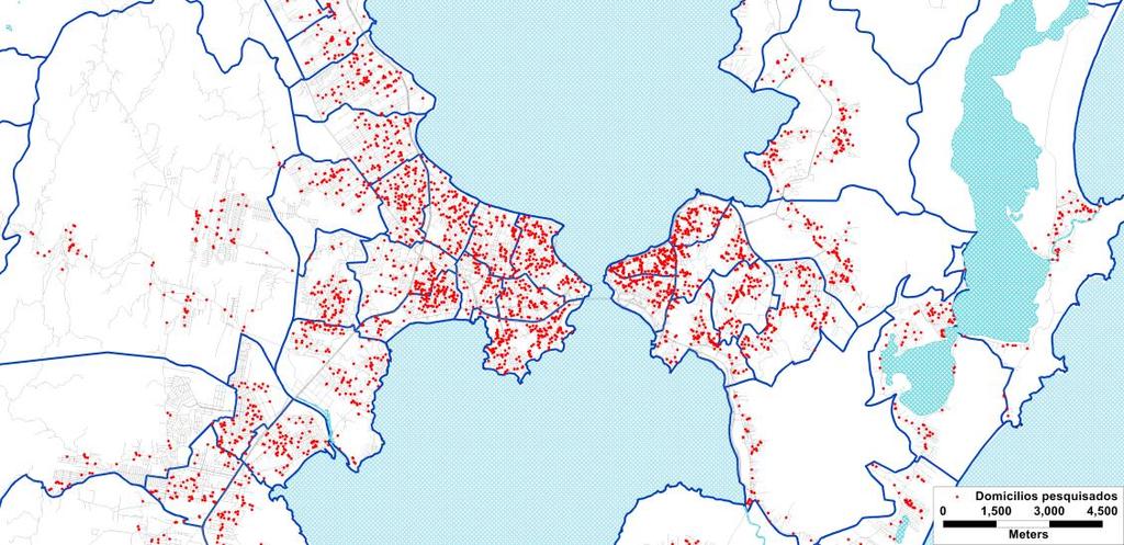 Figura 5-17 - Distribuição dos domicílios pesquisados(detalhe da região central) A expansão da amostra foi feita em três etapas: primeiro, o número de domicílios foi expandido, depois a população e,