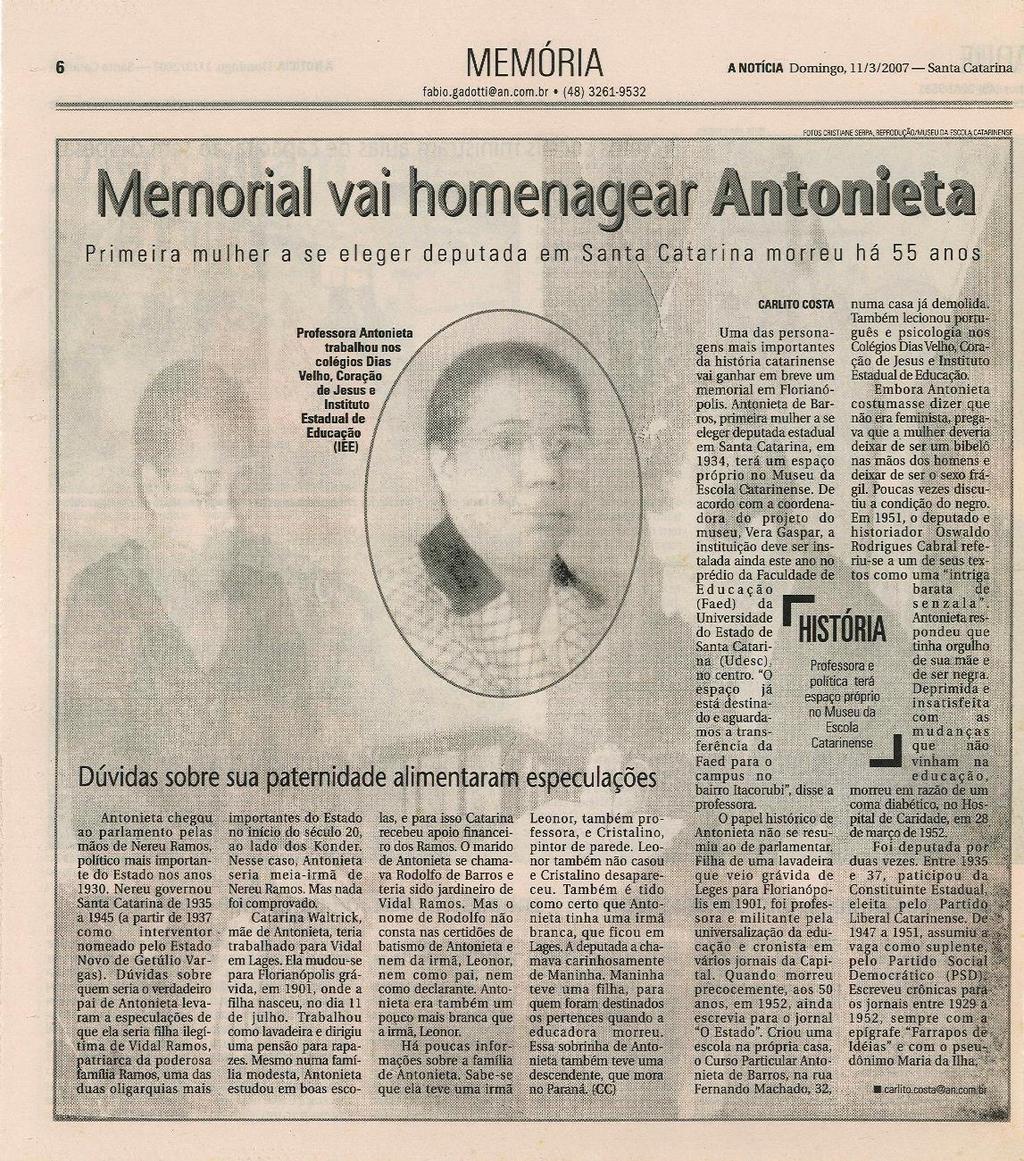 COSTA, Carlito. Memorial vai homenagear Antonieta.