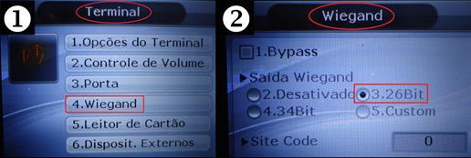 Wiegand e configurar o parâmetro Saída Wiegand para 26 bit pressionando a tecla 3 (figura 24); Figura 24 Configuração dos