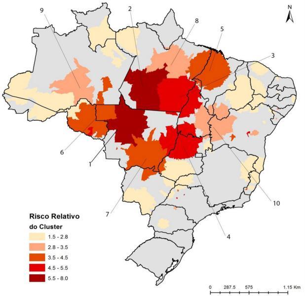 32 Figura 1: Clusters de detecção de casos novos de hanseníase no Brasil, 2011-2013 Fonte: WHO (2015c) No entanto, alguns estados do Sudeste também apresentam regiões endêmicas, o qual se enquadra