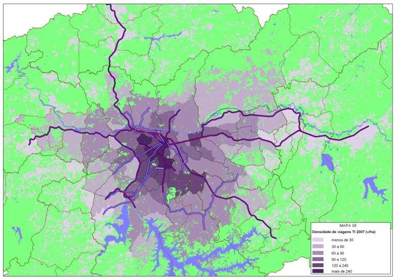 9 em 2007 densidades de viagens por transporte