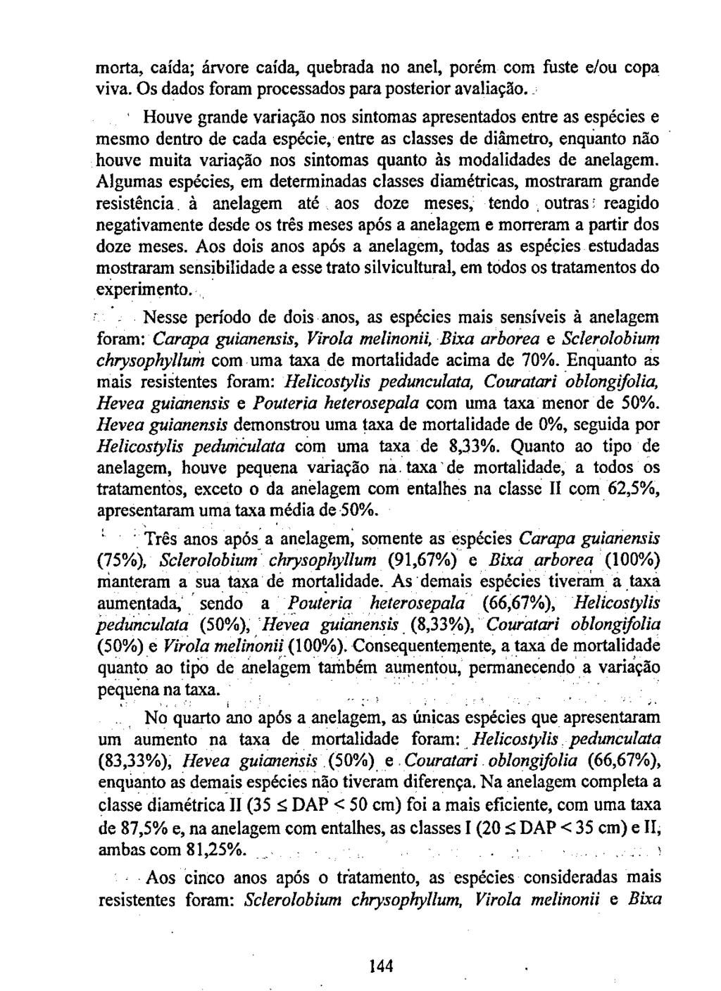 morta, caída; árvore caída, quebrada no anel, porém com fiiste e/ou copa viva. Os dados foram processados para posterior avaliação.