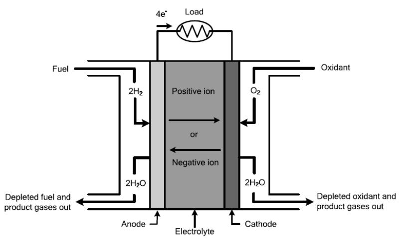 Pilhas de Combustível 23 Figura 2.4 - Princípio de funcionamento de uma célula de combustível [24].