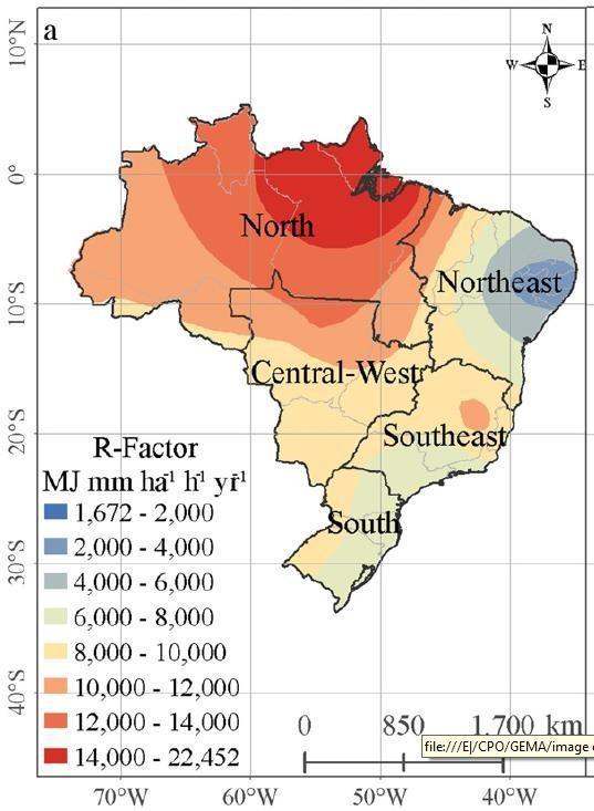 Mapa 42: Mapa de Erosividade da chuva no Brasil Fonte: Oliveira et al. (2012) No estudo feito por Gomez (2012) foram realizadas duas metodologias distintas para o cálculo do fator R.