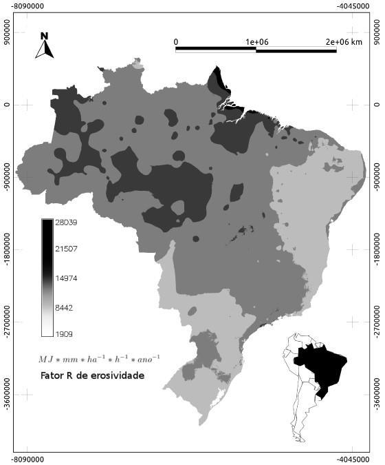 Mapa 44: Mapa de Erosividade da chuva no Brasil através da fórmula de Rufino,1993 Fonte: Gomez (20
