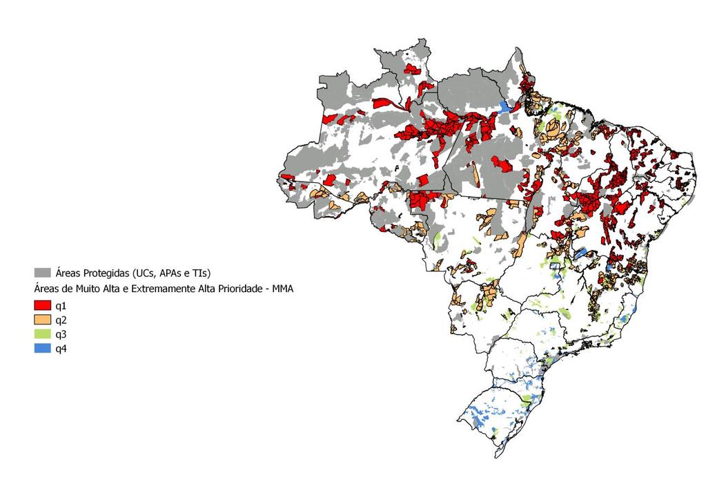 Mapa 63: Áreas de Muito Alta e Extremamente Alta urgência de ações por custo de oportunidade (em quartis) Fonte: Elaboração própria com base em dados do MMA A análise revela que grande parte das