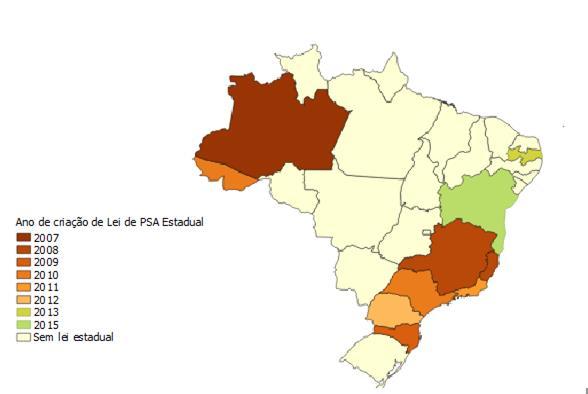 São Paulo, Rio de Janeiro, Santa Catarina e Paraná. O mapa 70 aponta os Estados que atualmente possuem leis de PSA no Brasil. Mapa 70: Leis Estaduais já promulgadas no Brasil, 2015.
